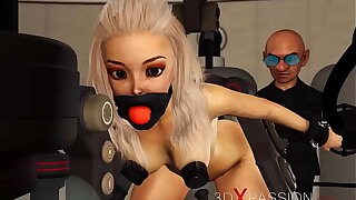 BDSM club. Hot sexy ball gagged kirmess in restraints gets fucked hard by crazy midget in the lab